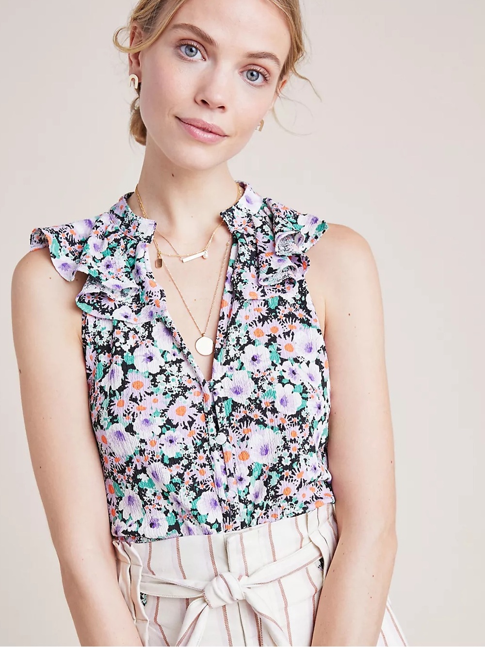Anthropologie Multicolor Floral Ruffle Blouse